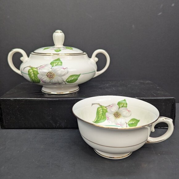Vintage Pope Gosser China Dogwood Pattern Sugar Bowl with Lid and Teacup - Picture 1 of 13